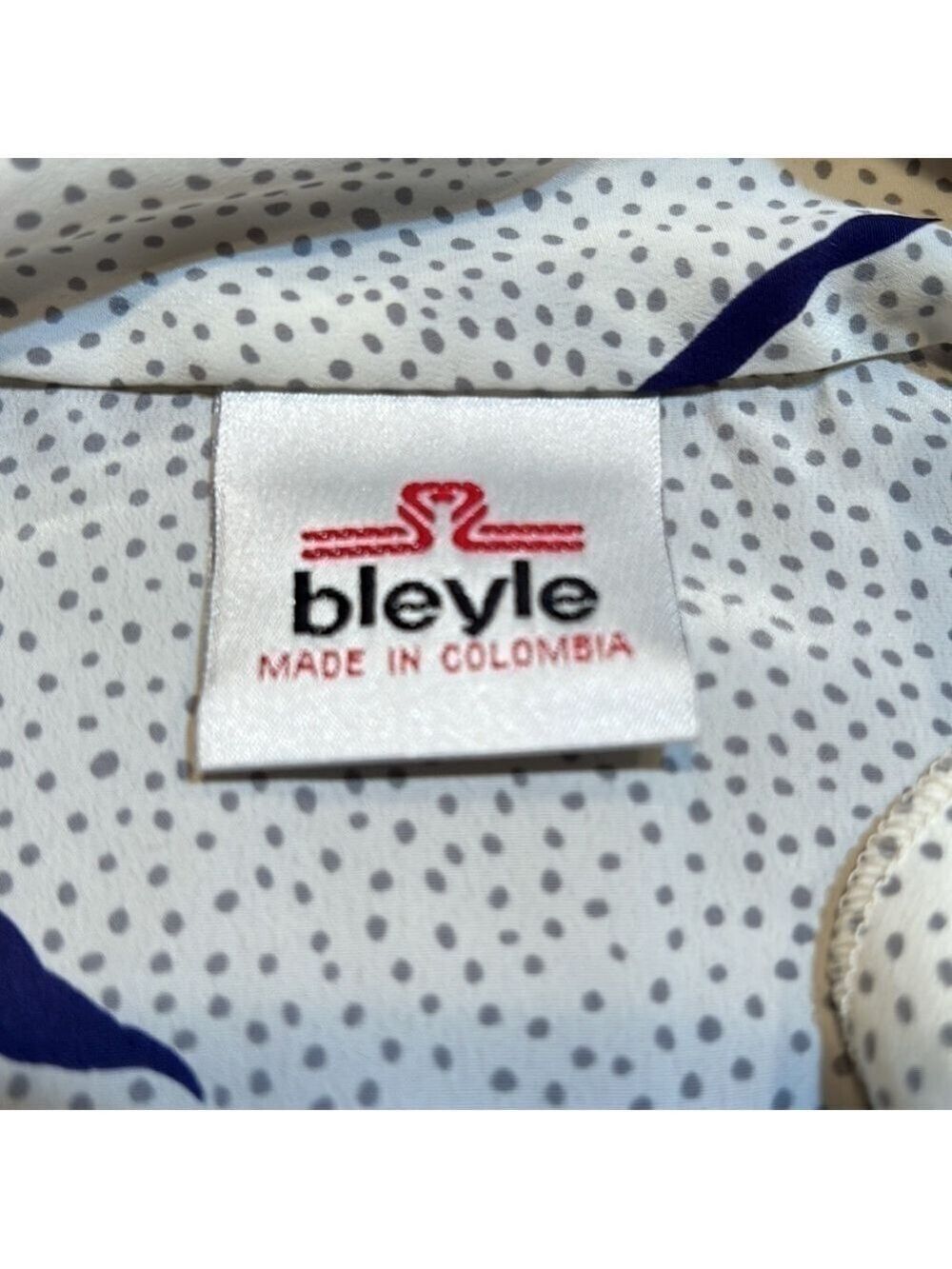 BLEYLE Vintage Navy Blue & Cream Print Button Down Blouse Size 8 - Picture 5 of 6